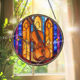Violin Stained Glass Suncatcher, Round Musical Window Panel with Bow, Colorful Symphony Art Glass Hanging, Gift for Musicians