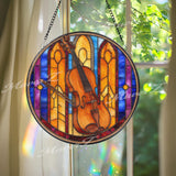 Violin Stained Glass Suncatcher, Round Musical Window Panel with Bow, Colorful Symphony Art Glass Hanging, Gift for Musicians