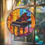 Grand Piano Stained Glass Suncatcher, Round Musical Window Panel, Colorful Art Deco Glass Hanging, Gift for Music Lovers and Pianists