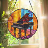 Grand Piano Stained Glass Suncatcher, Round Musical Window Panel, Colorful Art Deco Glass Hanging, Gift for Music Lovers and Pianists