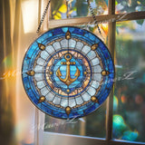 Nautical Anchor Stained Glass Suncatcher, Round Ocean Blue Window Hanging, Coastal Beach Decor Gift, Maritime Glass Art Panel