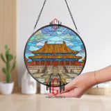 Imperial Palace Stained Glass Suncatcher, Round Forbidden City Window Panel, Asian Temple Architecture Glass Art Decor Gift