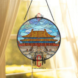 Imperial Palace Stained Glass Suncatcher, Round Forbidden City Window Panel, Asian Temple Architecture Glass Art Decor Gift