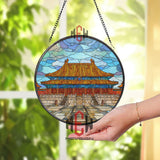 Imperial Palace Stained Glass Suncatcher, Round Forbidden City Window Panel, Asian Temple Architecture Glass Art Decor Gift