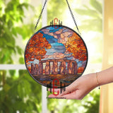 Stonehenge Autumn Stained Glass Suncatcher, Round Ancient Landmark Window Panel, Fall Landscape Glass Art Home Decor Gift