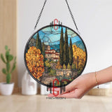 Tuscan Villa Stained Glass Suncatcher, Round Italian Countryside Window Panel, Cypress Tree Landscape Glass Art Home Decor
