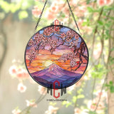 Mount Fuji Stained Glass Suncatcher, Round Cherry Blossom Sunset Window Panel, Japanese Landscape Glass Art Home Decor Gift