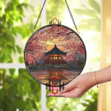 Japanese Temple Stained Glass Suncatcher, Round Cherry Blossom Sunset Window Panel, Asian Landscape Glass Art Home Decor Gift