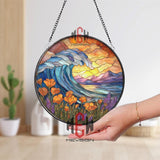 Ocean Wave Sunset Stained Glass Suncatcher, Round Coastal Flower Window Panel, Nature Sea Glass Art Home Decor Gift