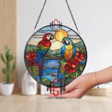 Tropical Parrots Stained Glass Suncatcher, Round Exotic Bird Window Panel, Jungle Hibiscus Glass Art Home Decor Gift