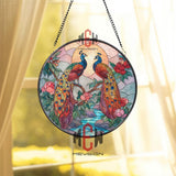 Peacock Pair Stained Glass Suncatcher, Round Floral Sunset Window Panel, Elegant Bird Glass Art Home Decor Gift for Nature Lovers