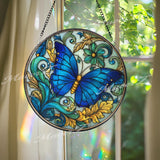 Blue Butterfly Stained Glass Suncatcher, Round Window Hanging with Green Floral Scrolls, Elegant Glass Panel Home Decor for Butterfly Lovers