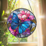 Blue Butterfly Stained Glass Suncatcher, Round Floral Window Panel with Pink Blossoms, Nature Inspired Hanging Glass Art for Home Decor