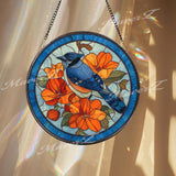 Blue Jay Stained Glass Suncatcher, Round Bird with Orange Flowers Window Hanging Panel, Colorful Nature Glass Art Gift for Bird Lovers