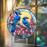 Blue Jay Stained Glass Suncatcher, Round Pair of Birds with Pink Flowers and Sun Window Panel, Nature Spring Bird Lover Gift Home Decor