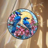 Blue Jay Stained Glass Suncatcher, Round Pair of Birds with Pink Flowers and Sun Window Panel, Nature Spring Bird Lover Gift Home Decor