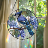 Blue Jay Hydrangea Stained Glass Suncatcher, Round Bird Window Panel, Nature Floral Home Decor, Garden Lover Gift, Spring Sun Catcher