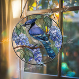Blue Jay Hydrangea Stained Glass Suncatcher, Round Bird Window Panel, Nature Floral Home Decor, Garden Lover Gift, Spring Sun Catcher