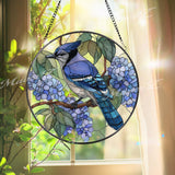 Blue Jay Hydrangea Stained Glass Suncatcher, Round Bird Window Panel, Nature Floral Home Decor, Garden Lover Gift, Spring Sun Catcher