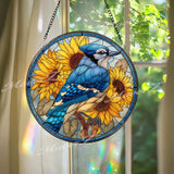 Blue Jay Sunflower Stained Glass Suncatcher, Round Bird Window Panel, Bright Nature Garden Decor, Summer Floral Hanging Gift