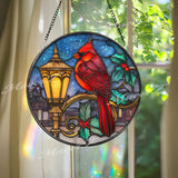 Cardinal Lantern Stained Glass Suncatcher, Round Christmas Window Panel with Holly Leaves, Holiday Memorial Bird Decor, Winter Gift