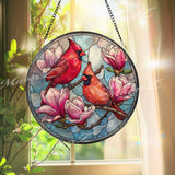 Cardinal Stained Glass Suncatcher, Round Magnolia Flower Window Panel, Red Bird Memorial Decor, Nature Glass Art Hanging Gift