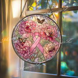 Breast Cancer Ribbon Stained Glass Suncatcher, Pink Peony and Butterfly Window Panel, Survivor Memorial Gift, Hope Awareness Decor