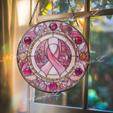 Pink Ribbon Stained Glass Suncatcher, Round Breast Cancer Awareness Window Panel, Survivor Support Gift, Inspirational Glass Art
