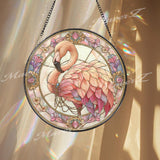 Flamingo Stained Glass Suncatcher, Round Pink Bird Window Panel with Feathers and Flowers, Tropical Elegant Glass Art Home Decor