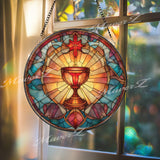 Holy Grail Stained Glass Suncatcher, Round Chalice with Cross, Spiritual and Religious Decor, Faith-Inspired Window Art, Gift Idea