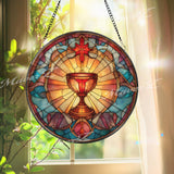 Holy Grail Stained Glass Suncatcher, Round Chalice with Cross, Spiritual and Religious Decor, Faith-Inspired Window Art, Gift Idea