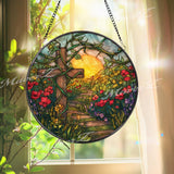 Cross Pathway Stained Glass Suncatcher, Round Religious Panel with Vibrant Flowers and Sunset, Spiritual Home Decor, Faith-Inspired Gift