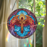 Angel Wings Cross Stained Glass Suncatcher, Round Heavenly Guardian with Cross, Divine Light and Power, Spiritual Home Decor