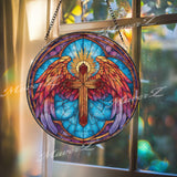 Angel Wings Cross Stained Glass Suncatcher, Round Heavenly Guardian with Cross, Divine Light and Power, Spiritual Home Decor