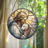 Good Shepherd Stained Glass Suncatcher, Round Jesus with Lamb Panel, Faith-Inspired Religious Decor, Spiritual Home Gift, Sacred Art