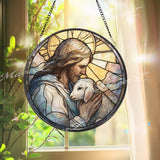 Good Shepherd Stained Glass Suncatcher, Round Jesus with Lamb Panel, Faith-Inspired Religious Decor, Spiritual Home Gift, Sacred Art