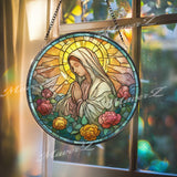 Praying Virgin Mary Stained Glass Suncatcher, Round Religious Panel with Roses and Sunburst, Spiritual Home Decor, Faith-Inspired Gift