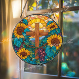 Sunflower Cross Stained Glass Suncatcher, Round Religious Panel with Sunflowers and Grapes, Faith-Inspired Spiritual Decor, Gift Idea