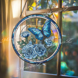 Personalized Cross Stained Glass Suncatcher, Round Floral and Butterfly Panel with Name, Blue Carnations, Spiritual Gift, Custom Home Decor