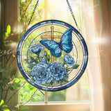 Personalized Cross Stained Glass Suncatcher, Round Floral and Butterfly Panel with Name, Blue Carnations, Spiritual Gift, Custom Home Decor
