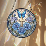 Personalized Cross Stained Glass Suncatcher, Round Floral Panel with Butterfly and Blue Carnations, Custom Name Gift Idea