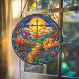 Vibrant Cross Stained Glass Suncatcher, Round Floral Pathway Panel, Colorful Flowers and Sun, Faith-Inspired Spiritual Home Decor, Gift Idea