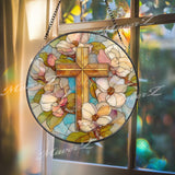Magnolia Cross Stained Glass Suncatcher, Round Religious Window Panel, Floral and Faith-Inspired Design, Elegant Spiritual Home Decor