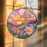 Sunrise Cross Stained Glass Suncatcher, Round Religious Window Panel, Colorful Flowers and Scenic View, Faith-Inspired Home Decor