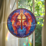 Angel Wings Cross Stained Glass Suncatcher, Round Religious Window Panel, Vibrant Red and Purple, Faith-Inspired Spiritual Gift