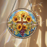Sunflower Cross Stained Glass Suncatcher, Round Religious Window Panel, Sunflowers and Grapes, Faith-Inspired Home Decor, Spiritual Gift
