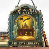 Books Read This Year Tracker - Crystal Fortress Dragon Library Sign, Fantasy Wooden Reading Counter, Personalized Book Lover Gift