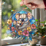 Mother Koala and Baby Acrylic Suncatcher, Stained Glass Style Animal Window Hanging, Cute Wildlife Floral Home Decor Gift