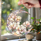 Crescent Moon Magnolia Acrylic Suncatcher, Stained Glass Style White Pink Floral Window Hanging, Elegant Flower Home Decor Gift
