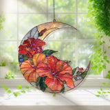 Crescent Moon Hibiscus Acrylic Suncatcher, Stained Glass Style Red Orange Floral Window Hanging, Tropical Flower Home Decor Gift